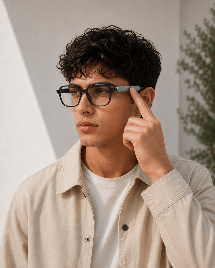 Person wearing glasses with Benev.Clip — a clip-on AI device on the temple