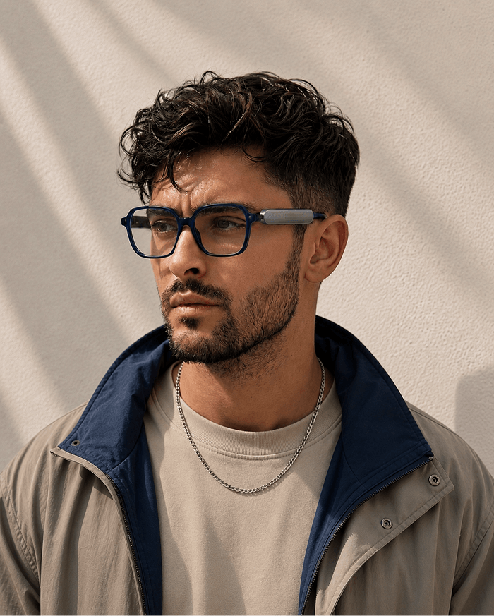 Person wearing glasses with Benev.Clip  personal AI, always close